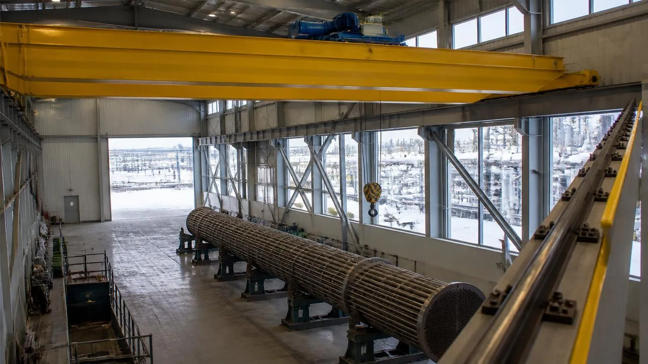 Petrochemical plant maintenance shop with an unbranded overhead bridge crane lifting a large pump assembly