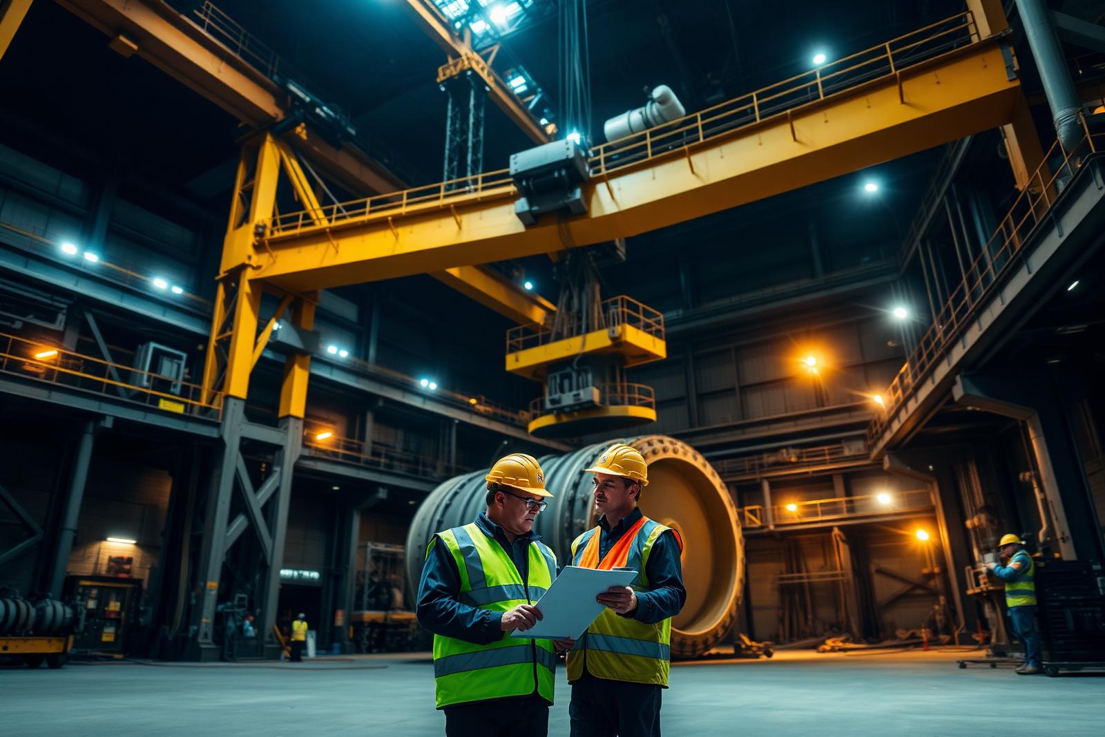 Unbranded heavy-duty double-girder overhead bridge crane lifting a mill liner component during a reline shutdown in a mining concentrator, with two engineers reviewing an asset register in the foreground