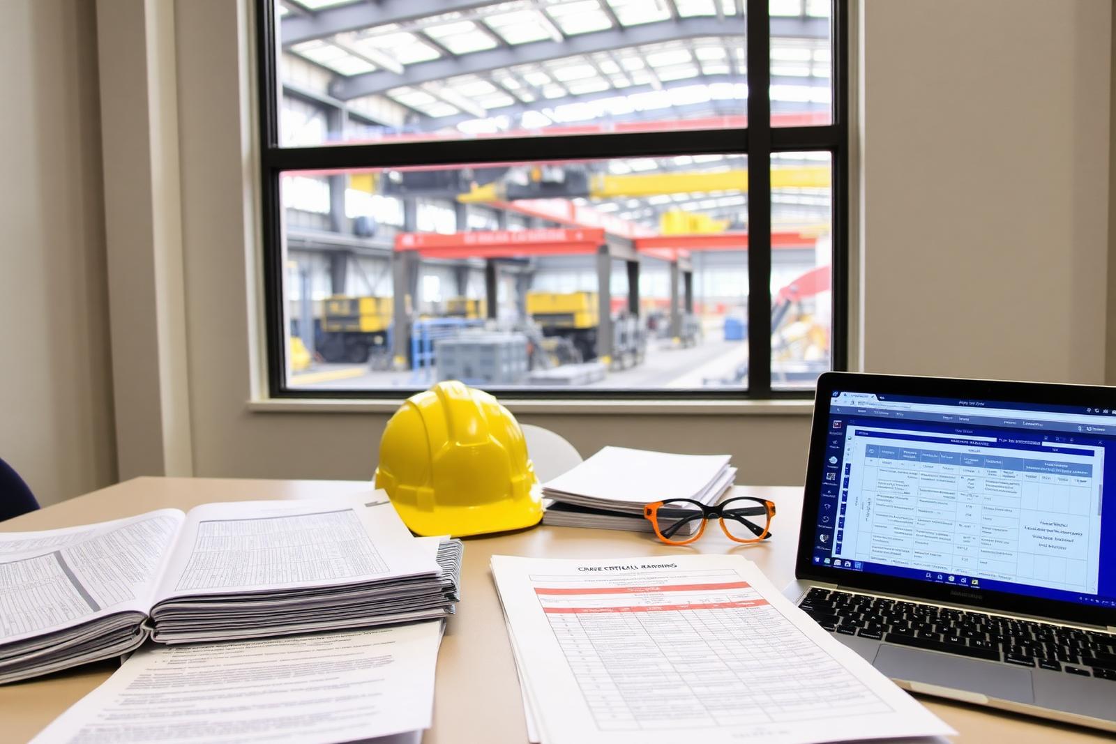 Plant maintenance office with organized crane inspection record binders, a printed asset register and a criticality ranking matrix on a laptop, a hard hat beside the documents