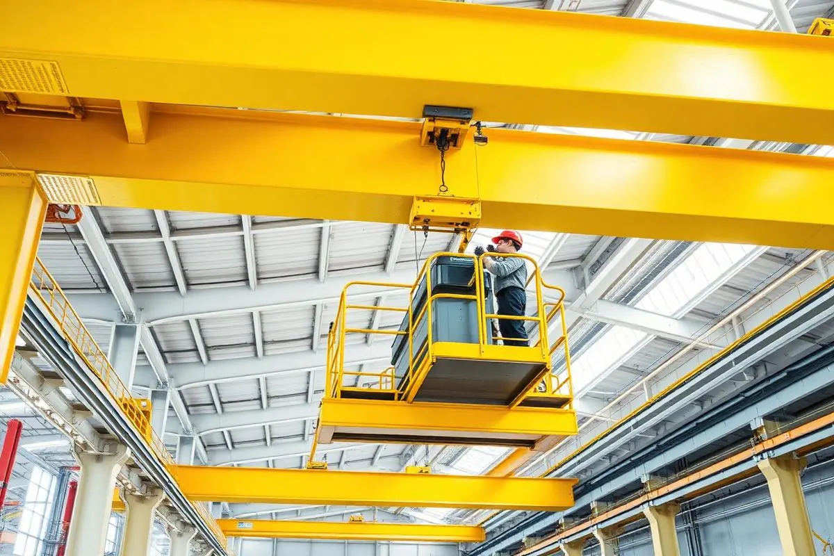 Technician inspecting the trolley of a yellow overhead bridge crane from the crane walkway in a bright plant