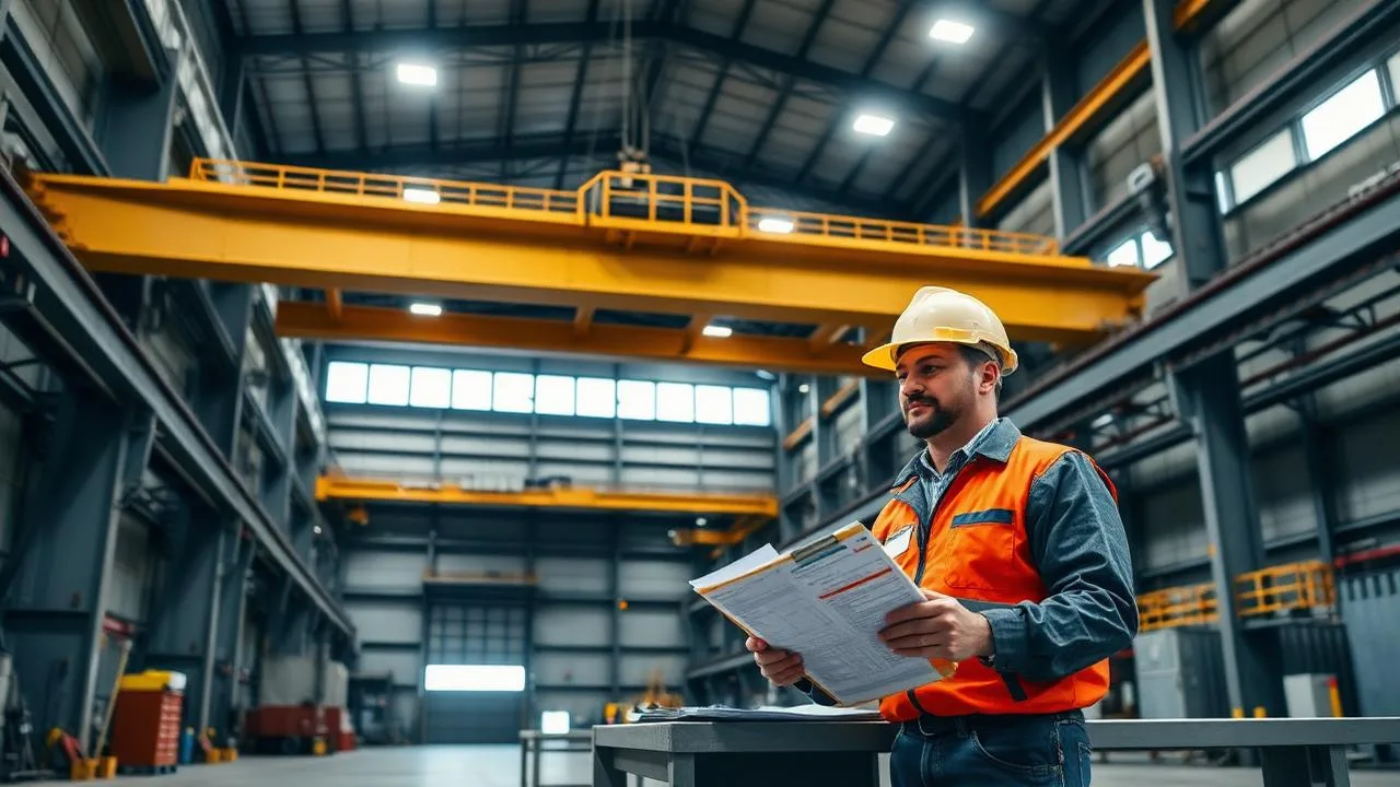 Maintenance manager reviewing crane licensing and compliance documents on a clipboard beneath an unbranded overhead bridge crane in a British Columbia industrial facility
