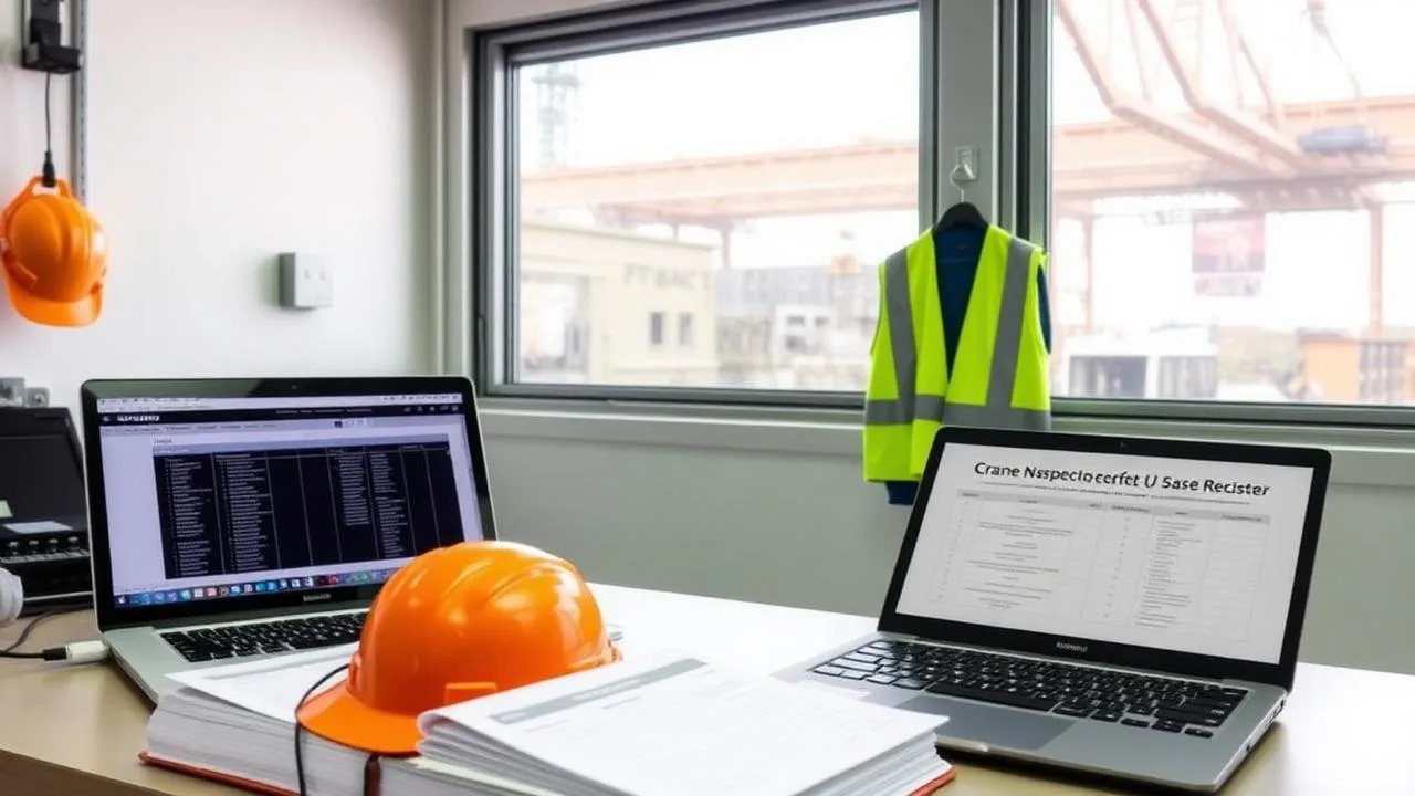Plant maintenance office with organized crane inspection record binders, an asset register and a compliance checklist on a laptop beside a hard hat