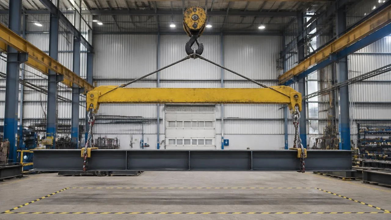 Industrial spreader bar below-the-hook attachment lifting a heavy steel structural section under an overhead crane