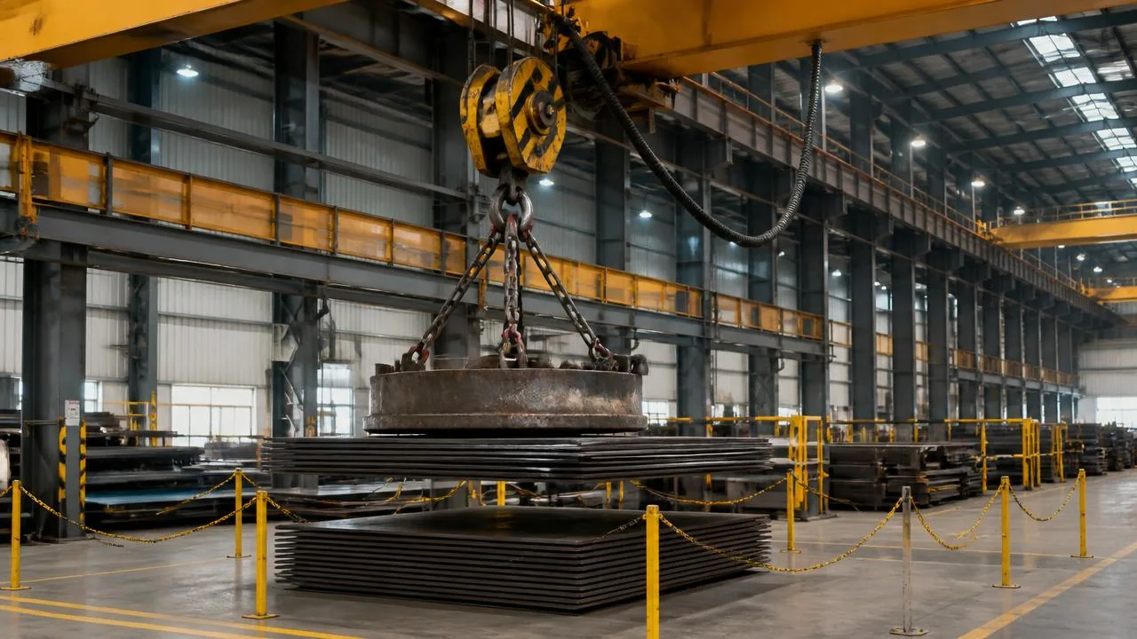 Large electromagnet lifting steel plates in a steel mill under an overhead crane
