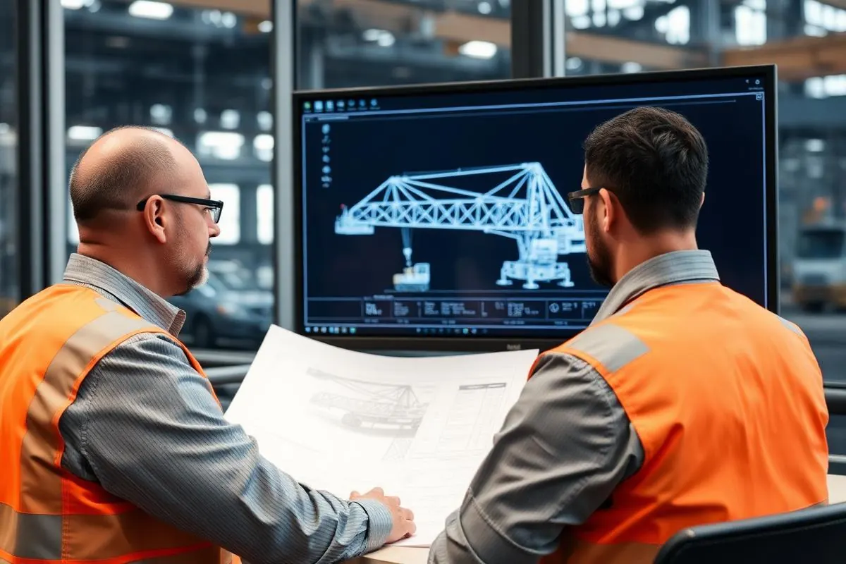 Procurement and engineering staff reviewing overhead crane general arrangement drawings on a large monitor