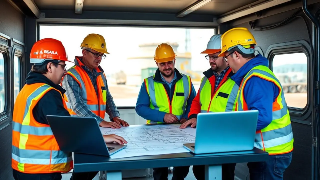 Engineering and construction project team in hard hats reviewing large plant drawings on a table inside a site trailer