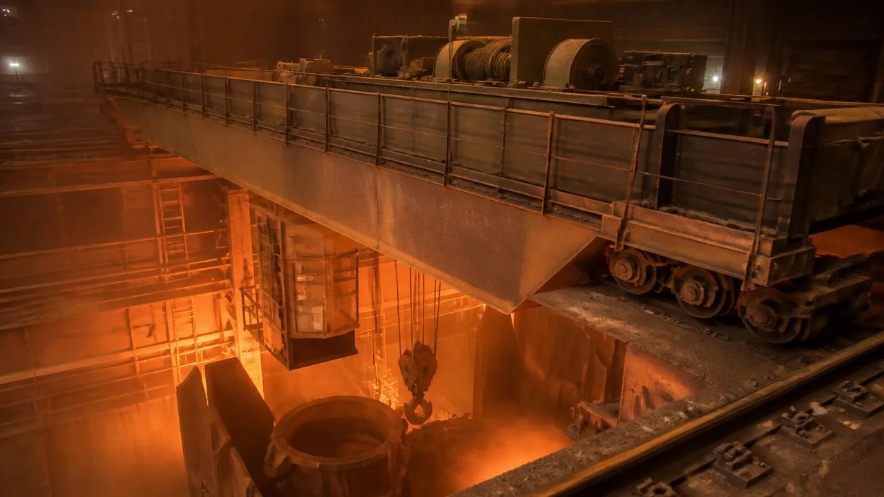 Heavy-duty CMAA Class F double girder overhead crane above a steel mill ladle transfer bay