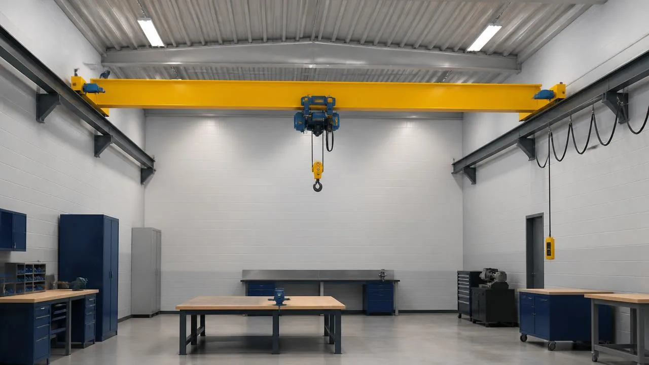 Light-duty CMAA Class A single girder overhead crane in a clean maintenance shop