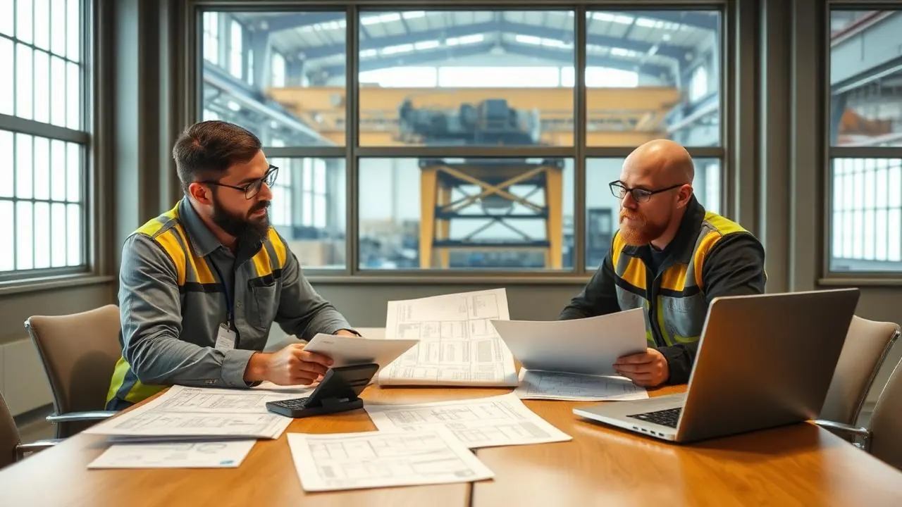 Industrial buyer and engineer comparing three overhead crane manufacturer proposals and general arrangement drawings at a conference table