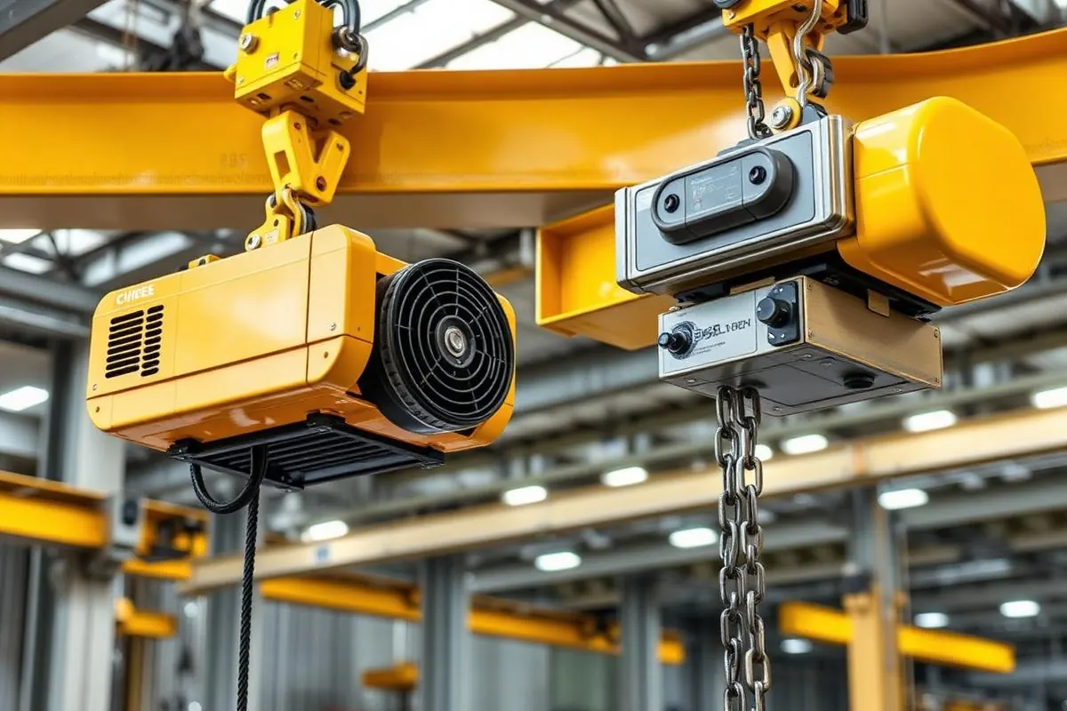 Wire rope hoist and chain hoist trolleys side by side on an overhead crane bridge, showing build quality differences