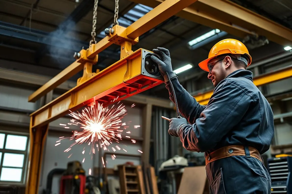 Welder modifying an overhead crane bridge girder in a fabrication shop