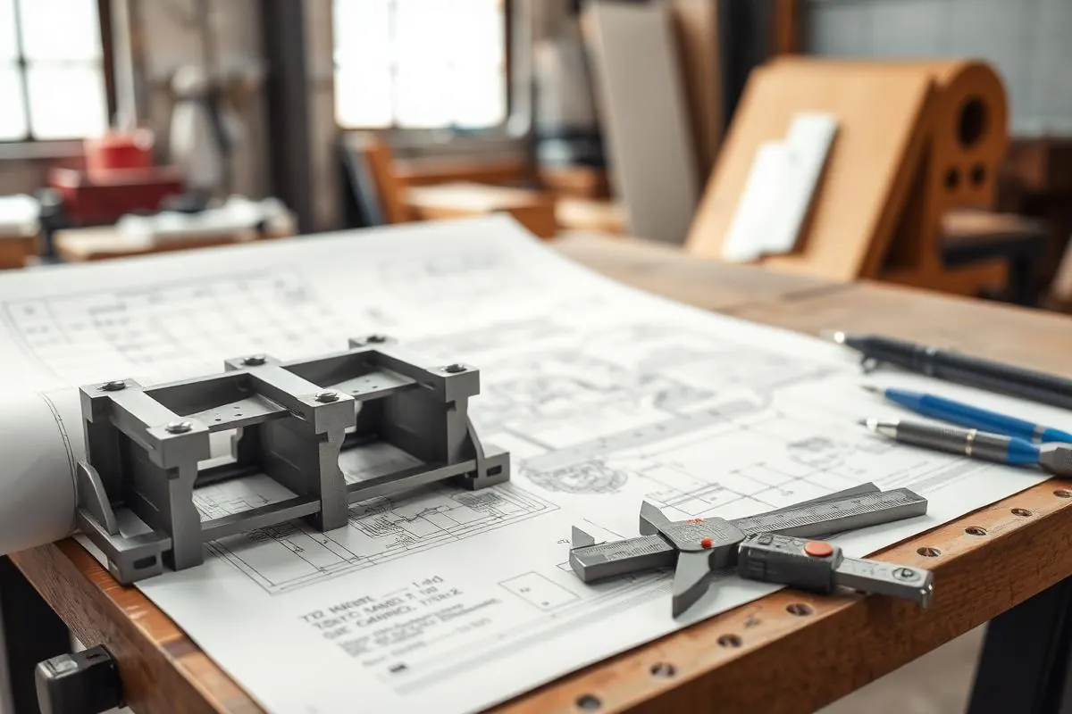 Engineering drawings, calipers and a steel girder section on a workshop drafting table