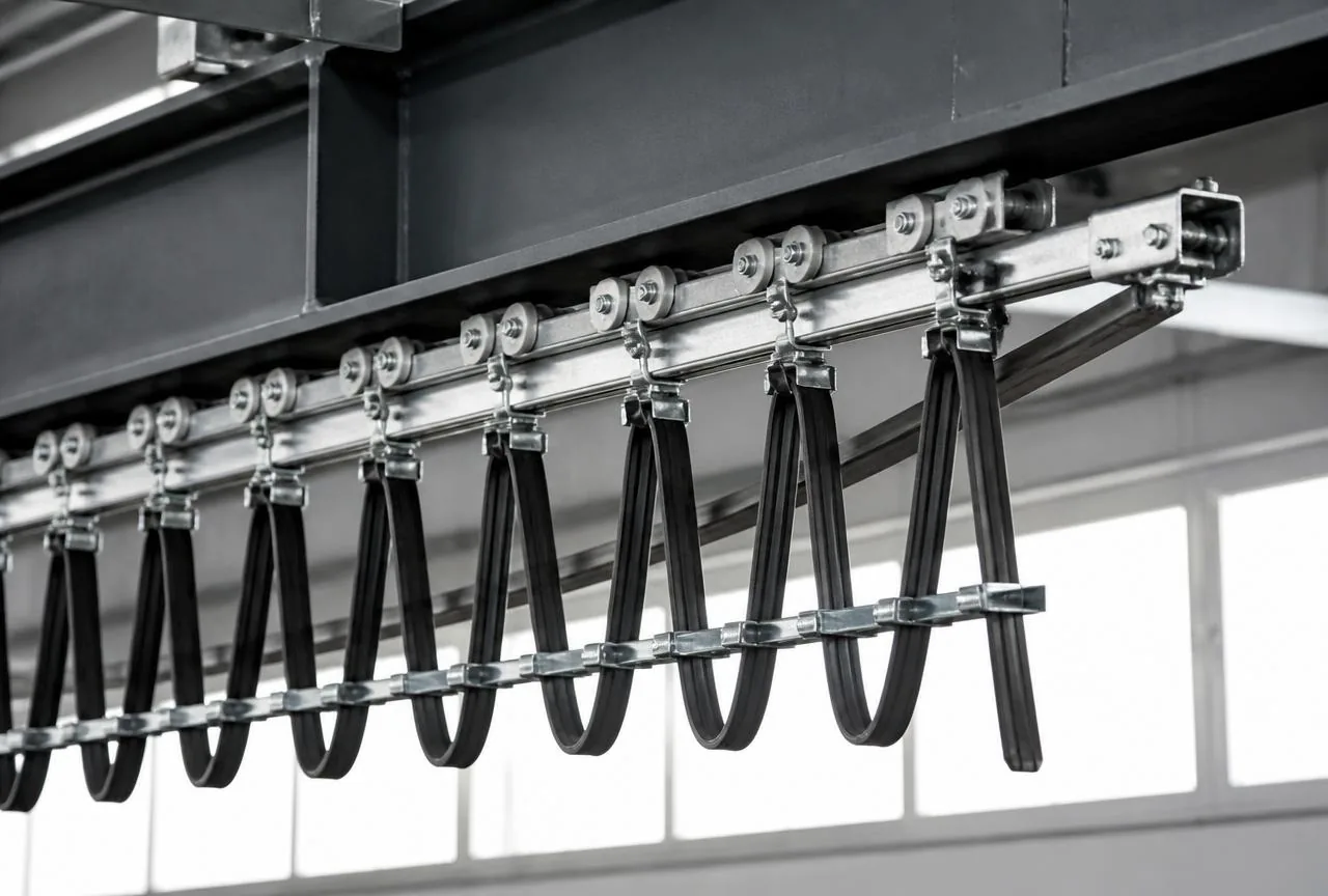Festoon cable trolleys on a C-track beside a plastic energy chain cable carrier under an overhead crane bridge girder