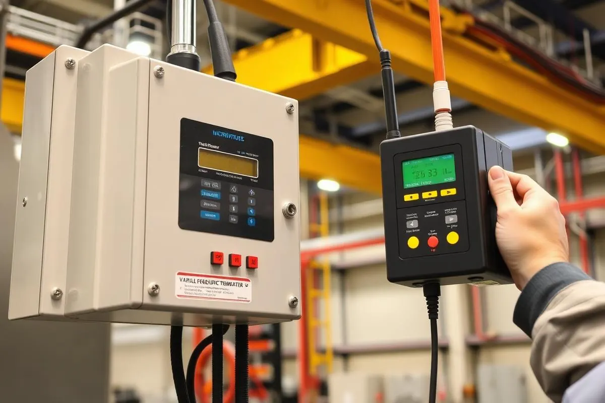 Variable frequency drive panel and radio remote transmitter used to upgrade an existing overhead crane