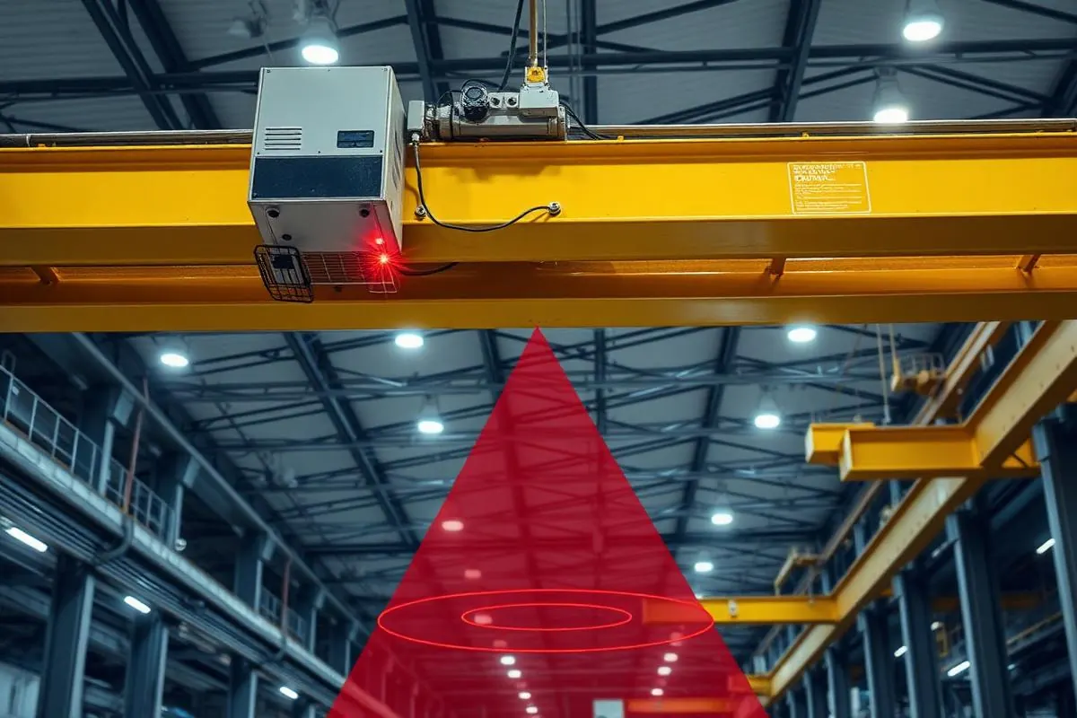 Anti-collision laser sensor on an overhead crane bridge projecting a warning zone onto the plant floor