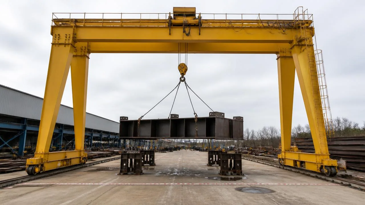 Large yellow rail-mounted double girder gantry crane lifting a steel weldment in an outdoor fabrication yard