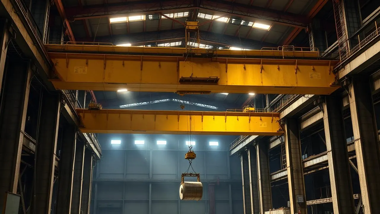 Heavy-duty top-running double girder overhead bridge crane lifting a steel coil across a mill bay