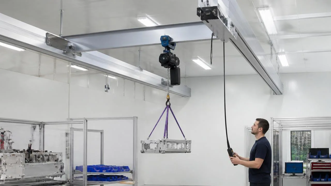 Aluminum enclosed-track workstation bridge crane with an air balancer over an assembly cell in a clean factory