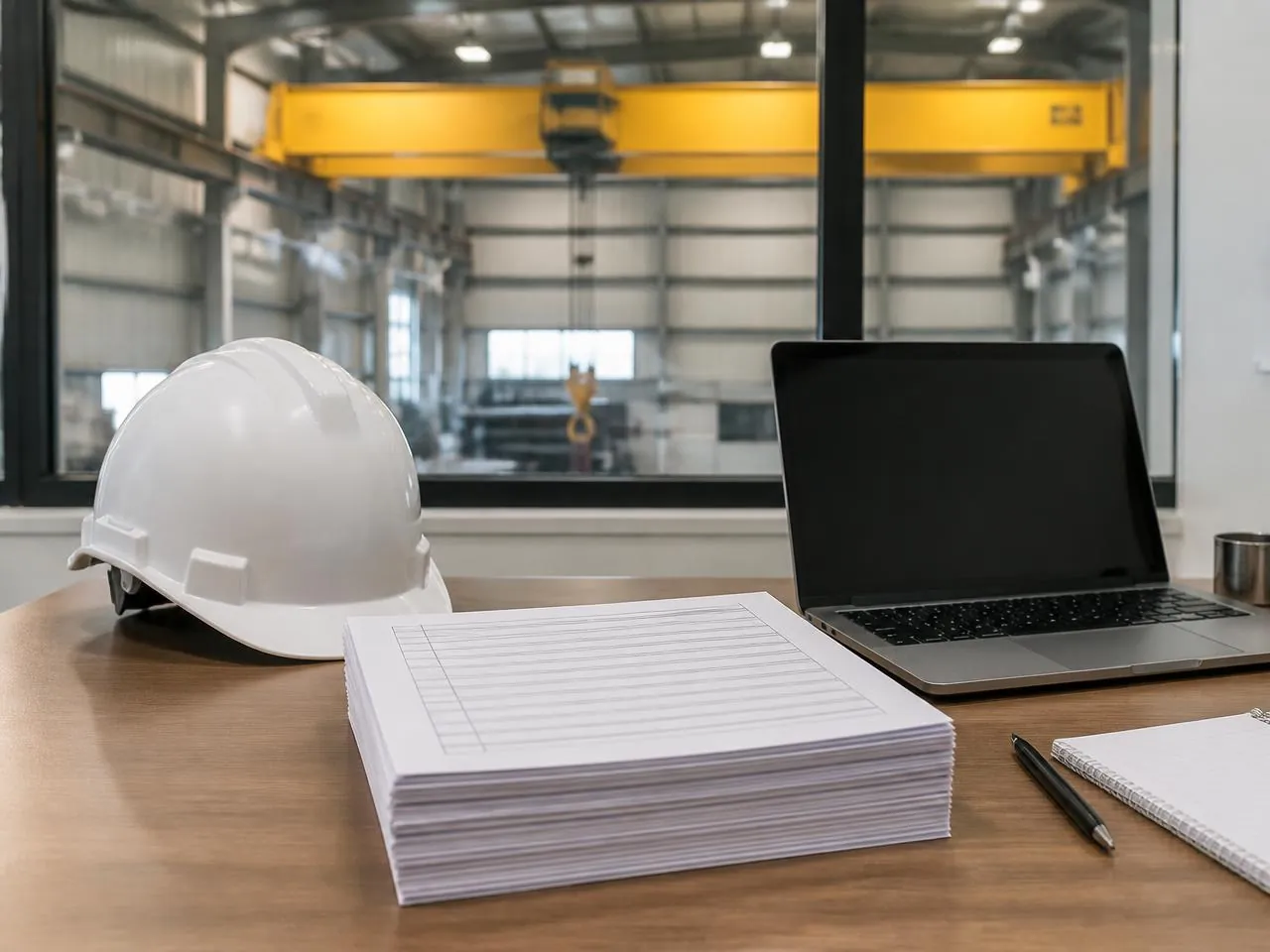 CSA technical standards documents on a desk with hard hat and overhead crane blueprint background