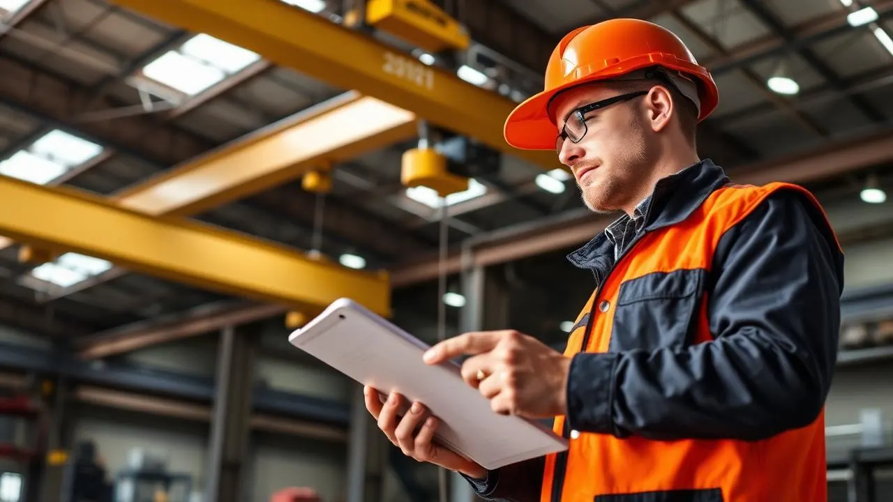 Crane inspector using a digital tablet to complete an electronic inspection report next to an overhead crane