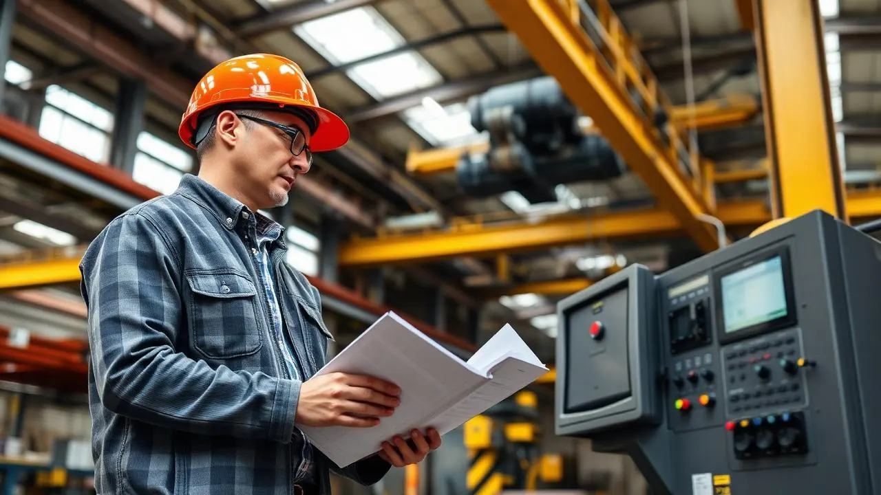 Owner and inspector reviewing a paper crane logbook next to an overhead crane control panel
