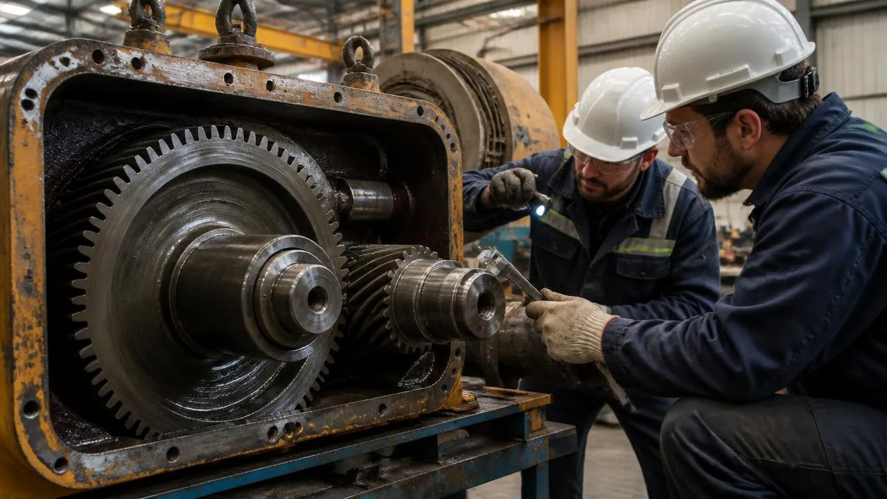 Maintenance engineers inspecting worn gears inside an opened unbranded overhead crane hoist gearbox on a workshop stand