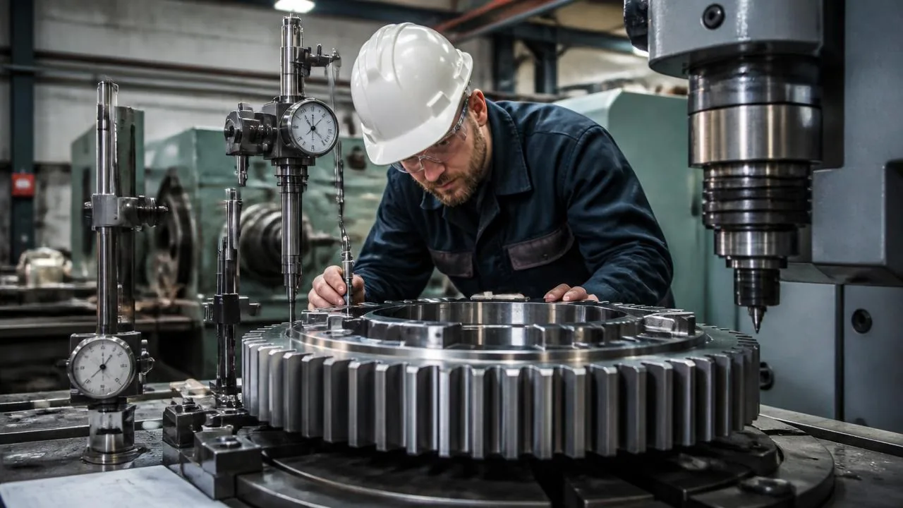 Machinist verifying tooth geometry on a newly machined replacement crane gear with dial indicators in a gear-cutting shop