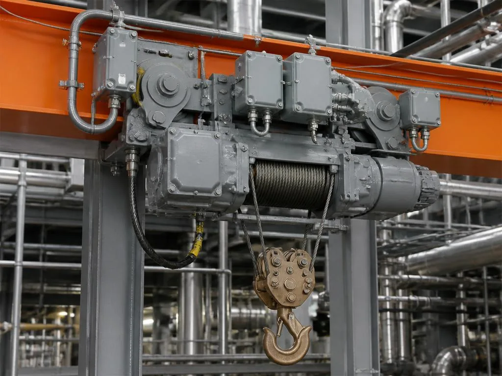 Explosion-proof overhead crane with sealed electrical enclosures lifting a steel vessel in a petrochemical processing plant