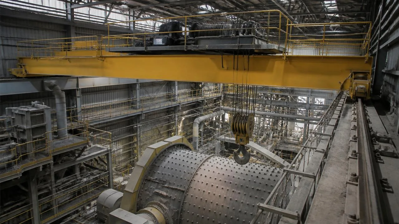 Mineral processing concentrator building interior with grinding mills and an unbranded yellow double-girder overhead crane overhead