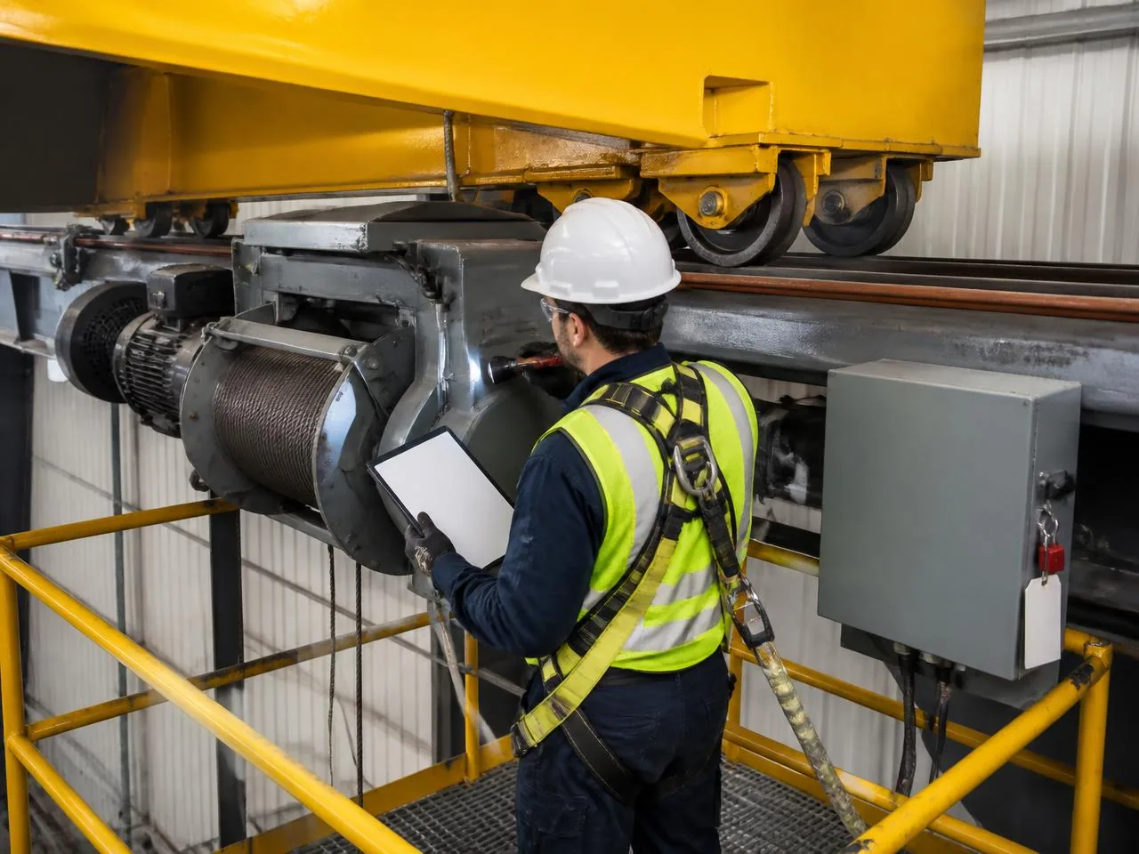 Detailed overhead crane inspection checklist on a clipboard with items being checked off