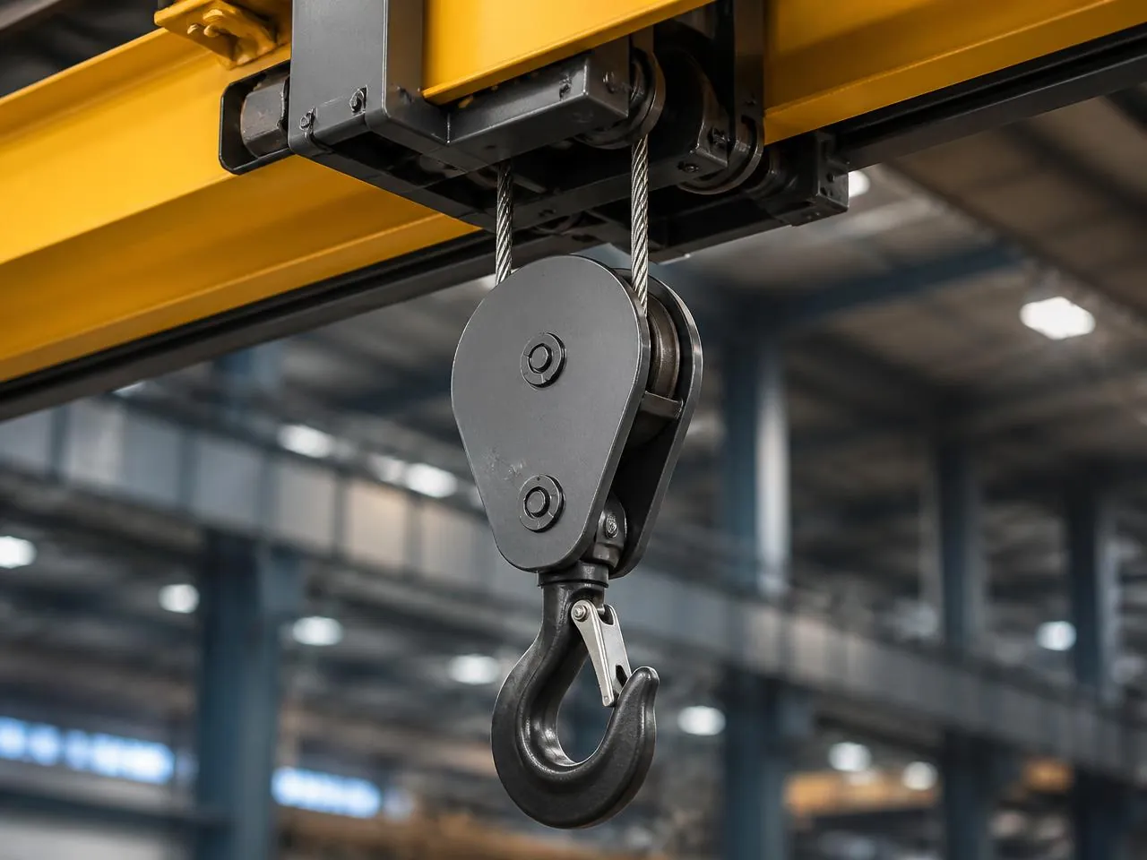 Close-up of an overhead crane hook and safety latch during a detailed inspection