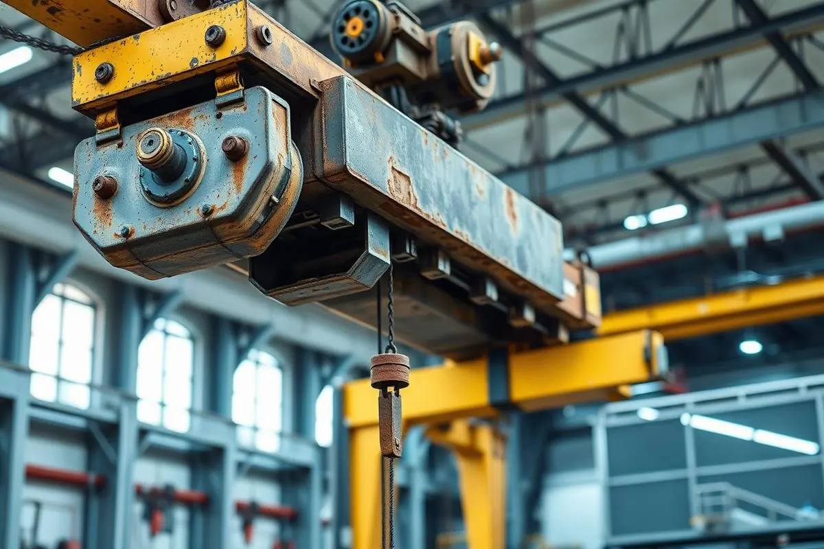 Worn and corroded overhead crane hoist showing the lifecycle cost of a low-price crane purchase