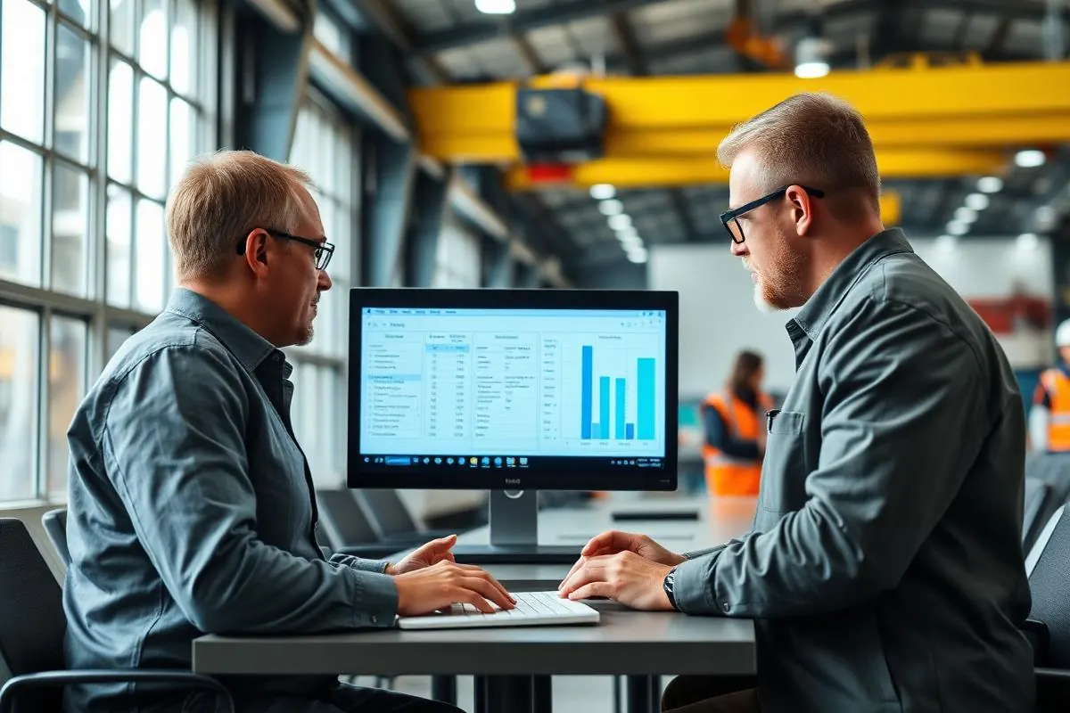 Maintenance and finance staff comparing overhead crane lifecycle cost figures in a plant meeting room