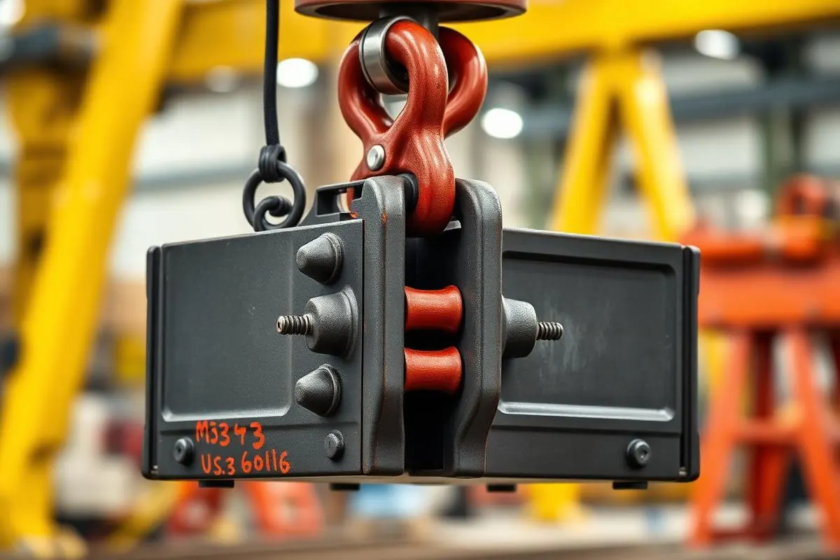 Load cell and shackle assembly fitted between an overhead crane hook block and a heavy steel load