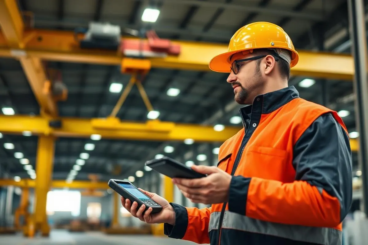 Technician reading a wireless crane load display on a handheld device on the plant floor