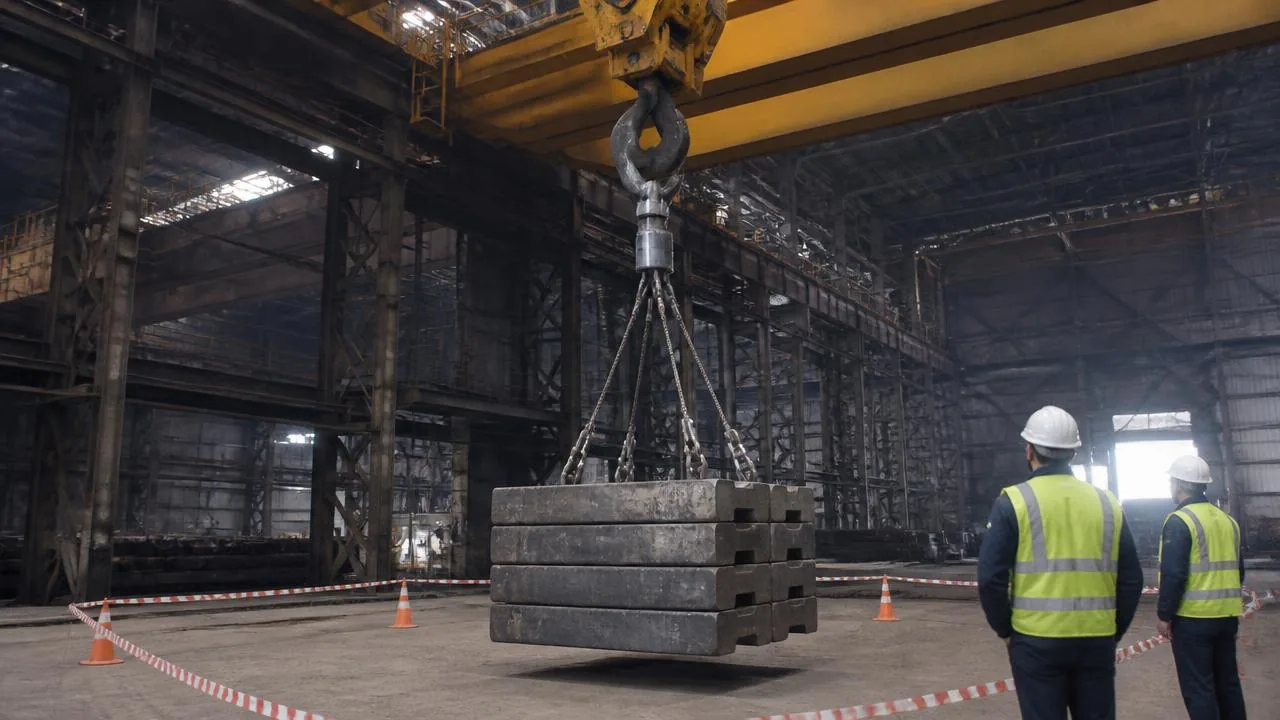 Overhead bridge crane in a steel mill during load testing with calibrated weights suspended below the hook