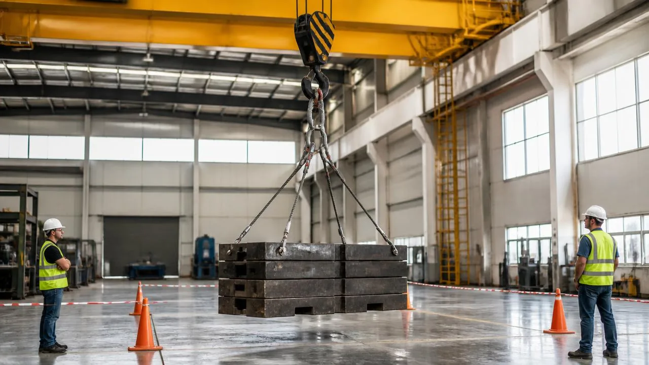 Engineers in high-visibility vests observing an overhead crane proof-load test in an industrial facility