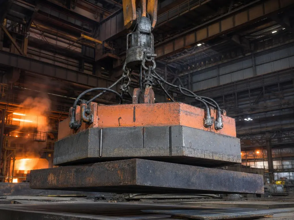 Overhead crane in a steel mill lifting a thick steel plate with an orange electromagnetic lifter below the hook