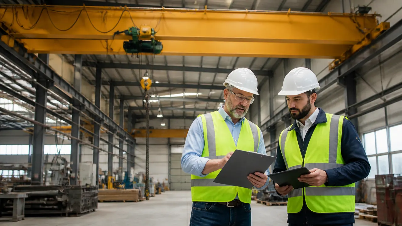 Facility maintenance manager and independent crane advisor reviewing a maintenance plan beneath an overhead bridge crane
