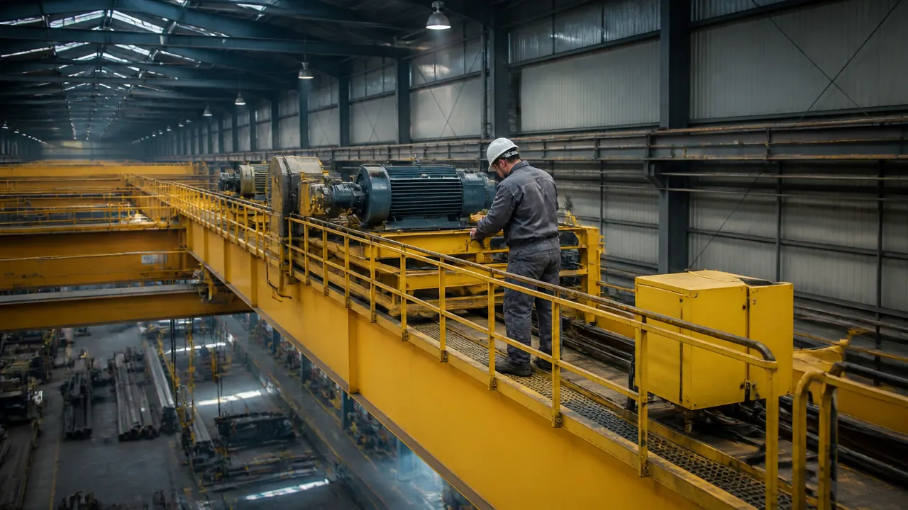 Service technician performing preventive maintenance on an overhead crane bridge walkway in a heavy industrial bay