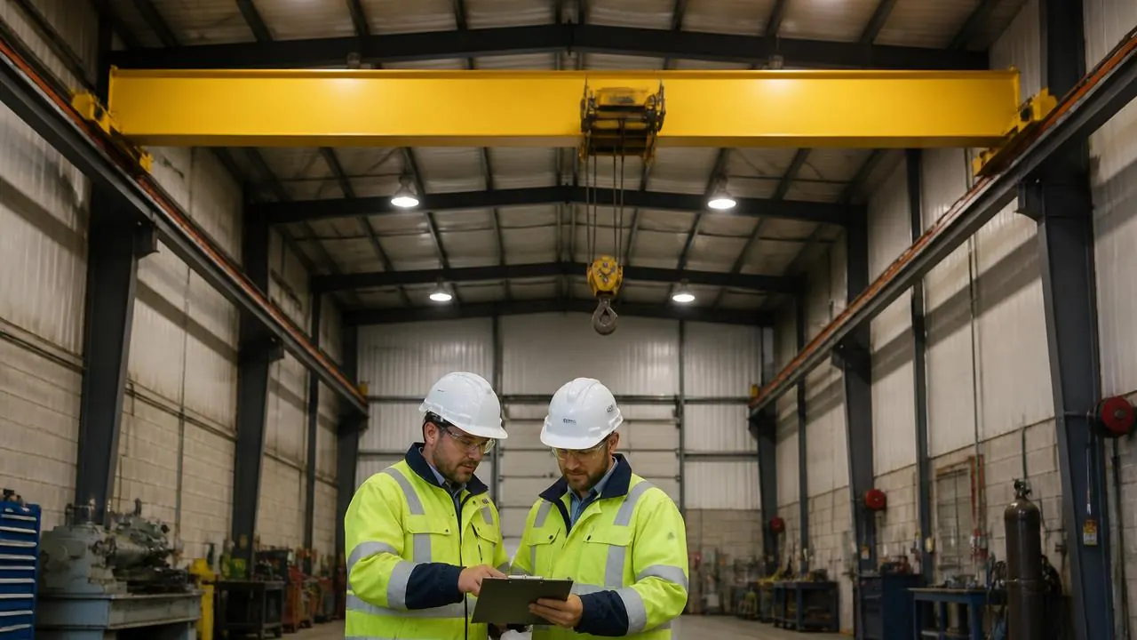 Maintenance planner and reliability engineer reviewing an overhead crane maintenance program and asset register in a plant office