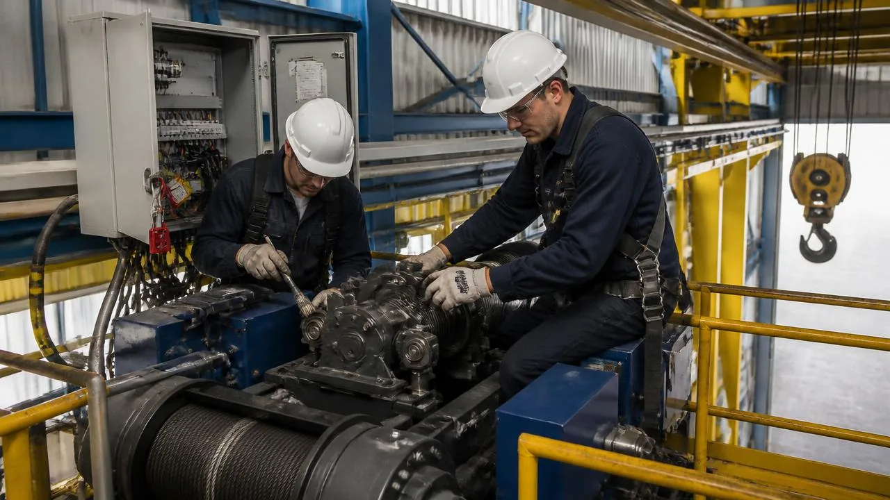 Crane service technician performing preventive maintenance on an overhead crane hoist and brake from an elevated platform