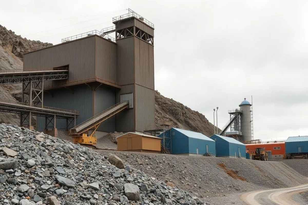 Canadian mine mill building and conveyors in a rocky landscape under an overcast sky