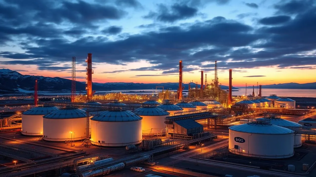 Large LNG liquefaction plant with cryogenic storage tanks at dusk on the Canadian west coast
