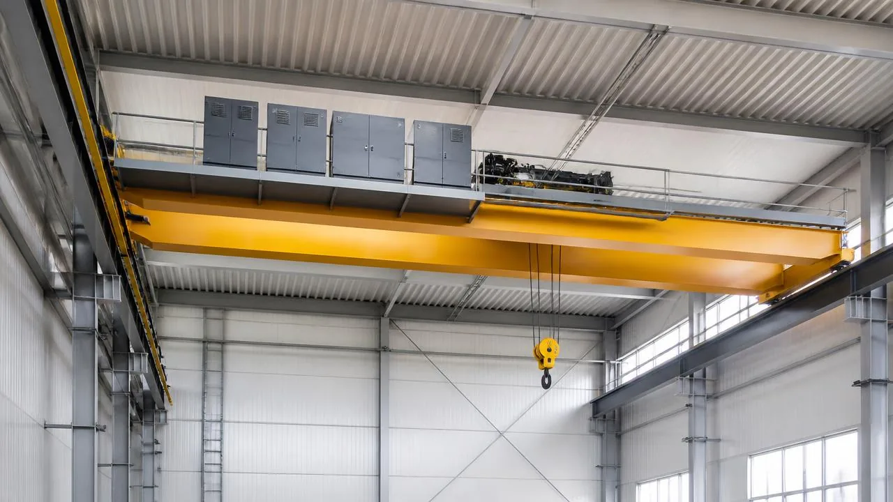 Modernized overhead crane with new variable frequency drive controls in a modern plant