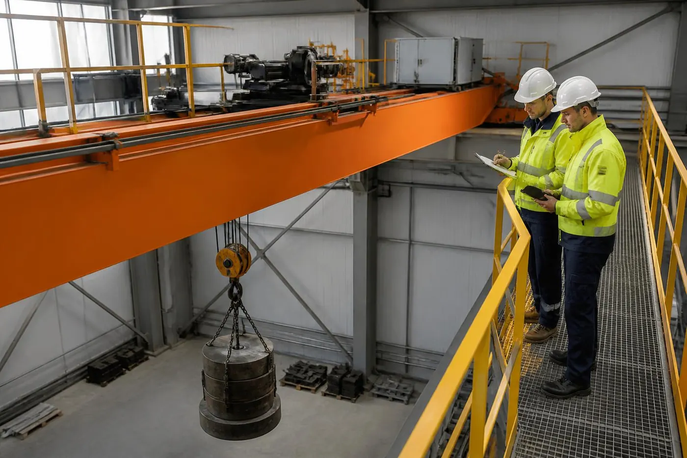 Engineers on an elevated walkway inspecting a newly modernized overhead crane during load testing and commissioning