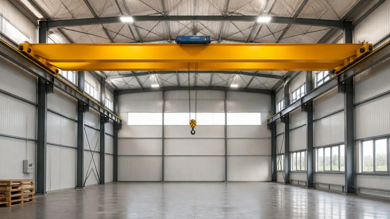 Brand new overhead bridge crane girder being lifted into position by a rigging team