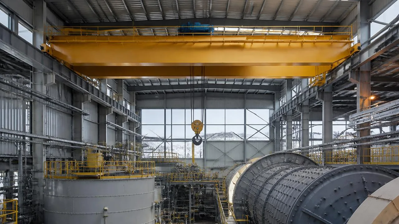 Mine site maintenance shop with an unbranded overhead bridge crane lifting a large gearbox while technicians observe