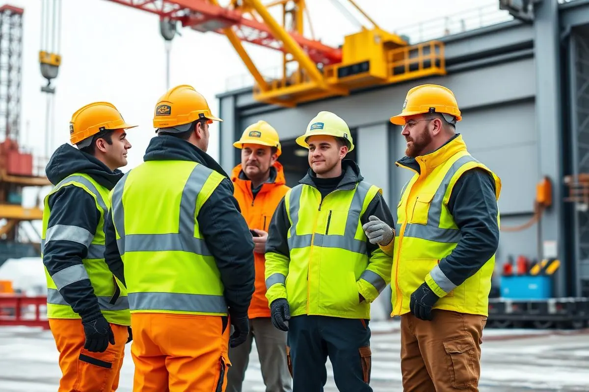 Pre-job safety briefing of workers in hi-vis winter gear beside an overhead crane maintenance bay at an oil sands site