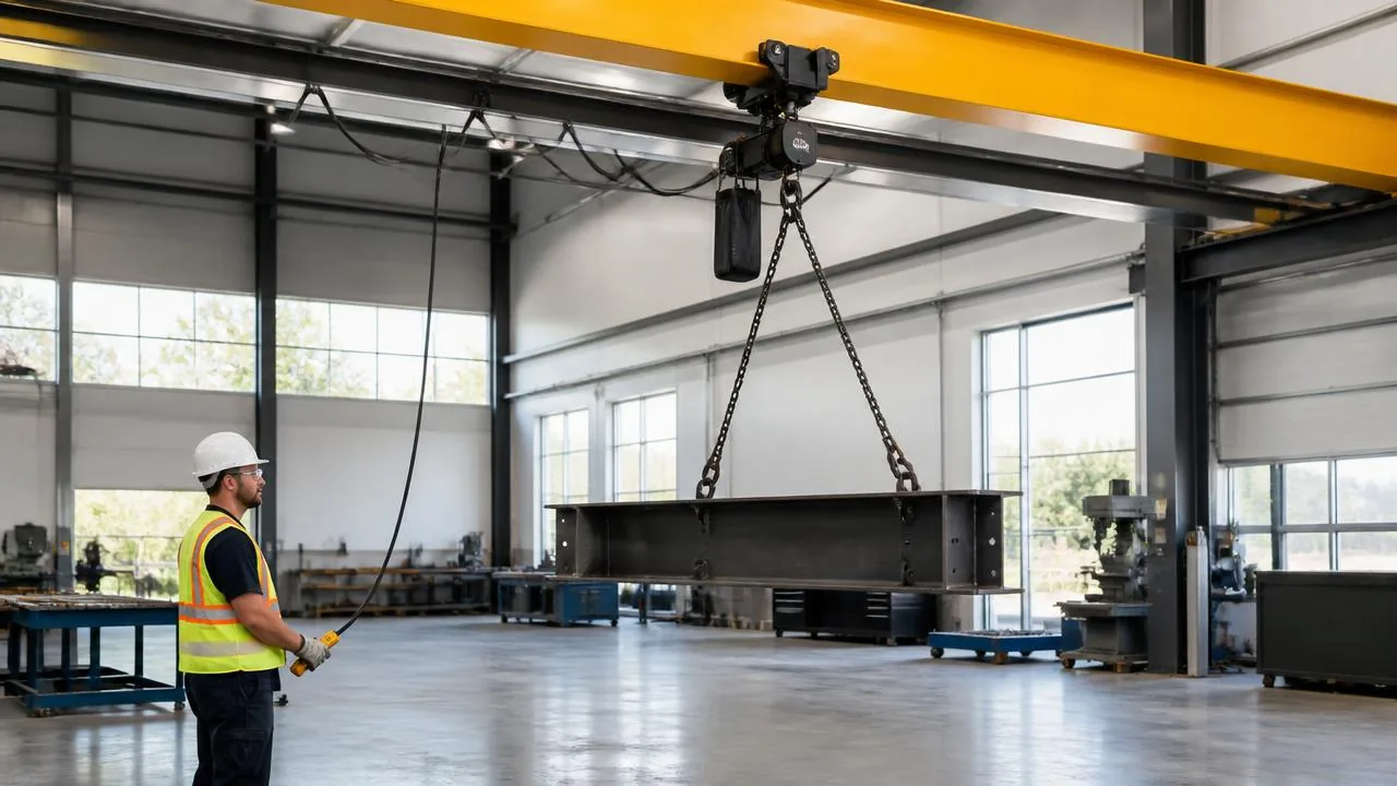 Overhead crane operator using pendant controls in a modern manufacturing plant